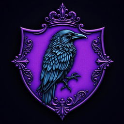 A detailed purple crest featuring a black raven intricately engraved within its center