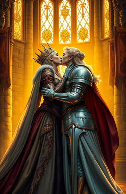 A majestic queen passionately kissing a noble woman knight