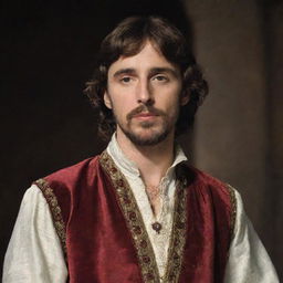 Generate an image of Bassanio, Portia's husband, from Shakespeare's 'The Merchant of Venice'. He should appear as a distinguished gentleman from the Venetian era.