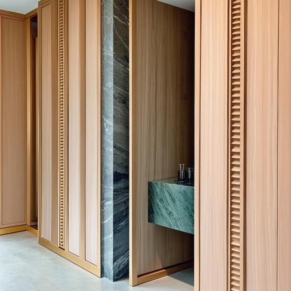 interior view of a modern bathroom featuring textured wooden walls and a striking red marble sink, neutral stone flooring, minimalist design, soft natural light entering the space, subtle elegance, with sophisticated and warm wooden tones