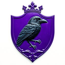 A regal purple crest featuring a precisely engraved black raven at its center