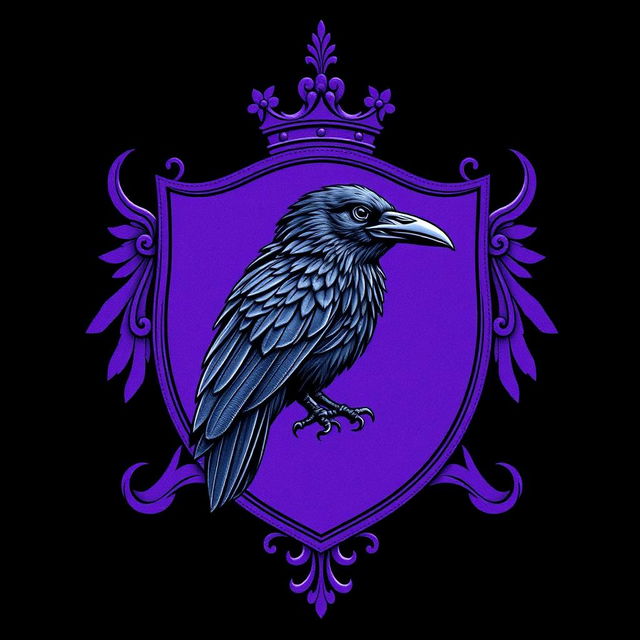 A regal purple crest featuring a precisely engraved black raven at its center