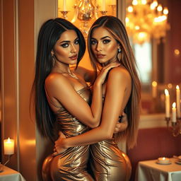 In an elegantly illuminated restaurant, two glamorous, busty tanned young women are enveloped in a passionate embrace, their bodies pressed intimately against a wall