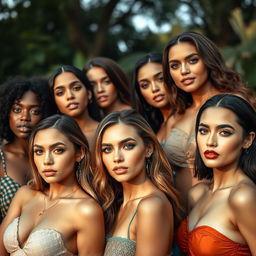 A group of stunning women in an artistic composition, embodying beauty and grace in a natural setting