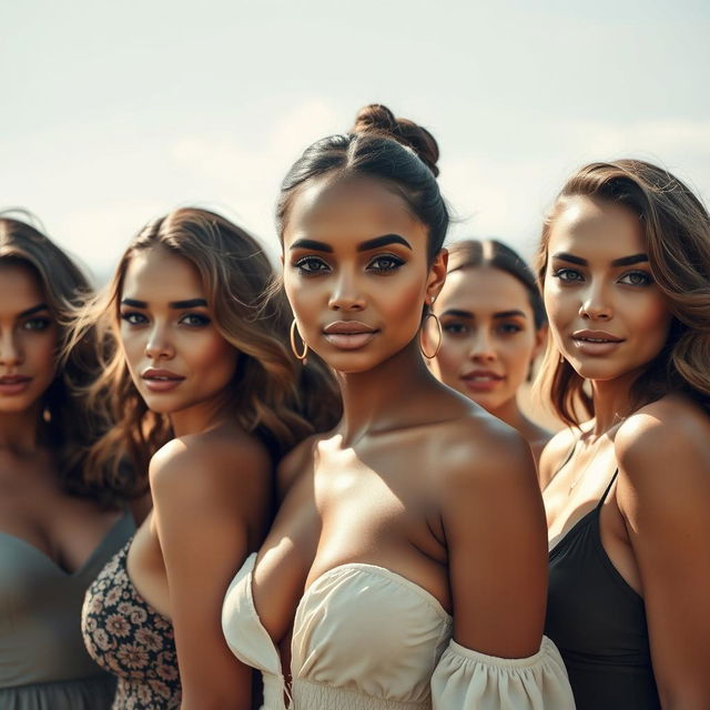 A group of stunning women in an artistic composition, embodying beauty and grace in a natural setting