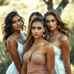 A group of stunning women in an artistic composition, embodying beauty and grace in a natural setting