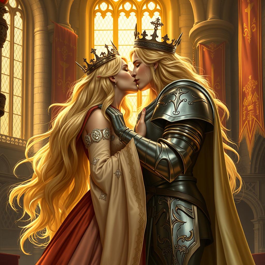 A majestic blonde medieval queen passionately kissing a noble woman knight