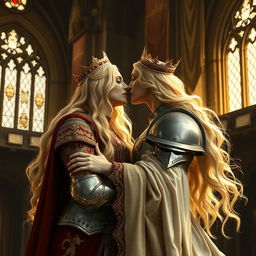 A majestic blonde medieval queen passionately kissing a noble woman knight