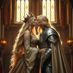 A majestic blonde medieval queen passionately kissing a noble woman knight