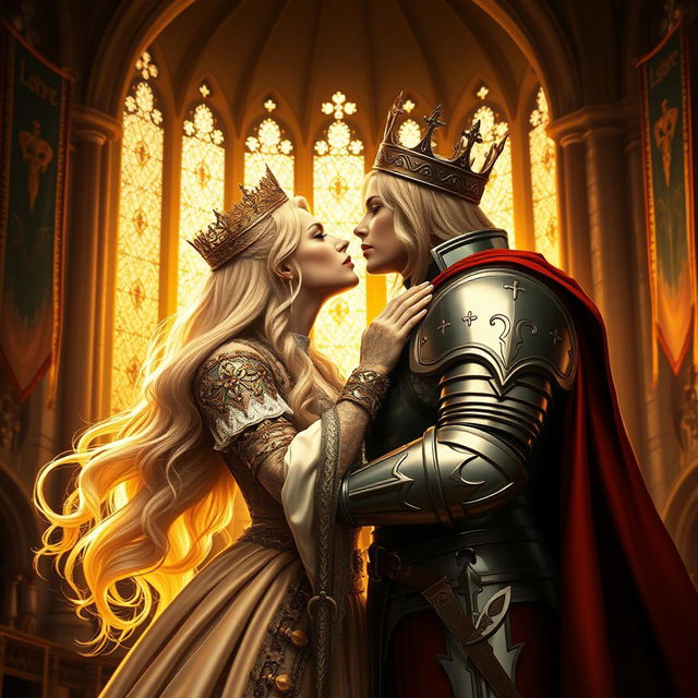 A majestic blonde medieval queen passionately kissing a noble woman knight