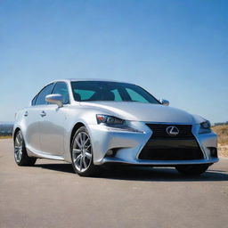 A shiny, sleek, and luxurious Lexus IS 350 in brilliant silver color under a clear blue sky