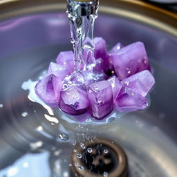 Amethyst crystals being gently washed under a running water tap