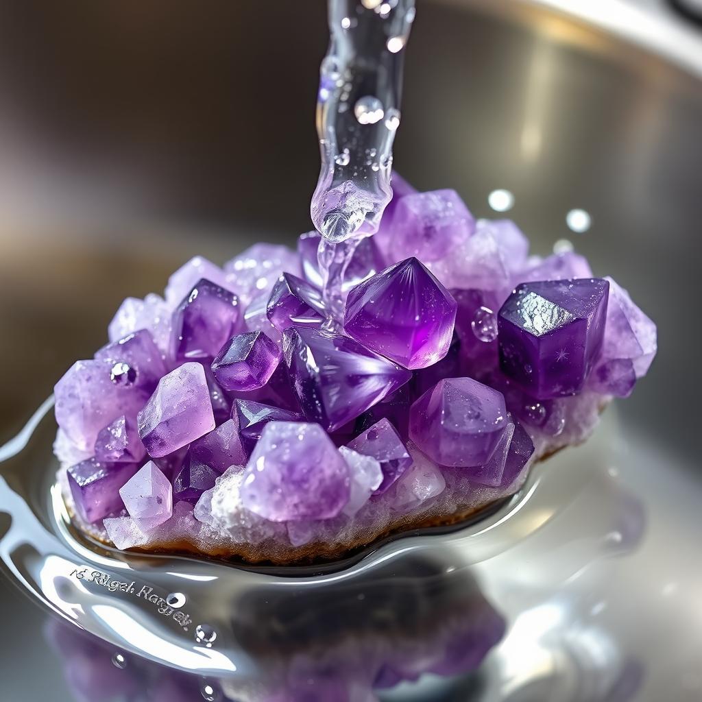 Amethyst crystals being gently washed under a running water tap