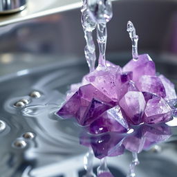 Amethyst crystals being gently washed under a running water tap