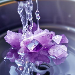 Amethyst crystals being gently washed under a running water tap