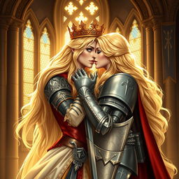 A majestic blonde medieval queen with striking blue eyes passionately kissing a noble woman knight