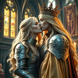 A majestic blonde medieval queen with striking blue eyes passionately kissing a noble woman knight