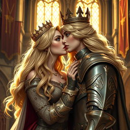 A majestic blonde medieval queen with striking blue eyes passionately kissing a noble woman knight