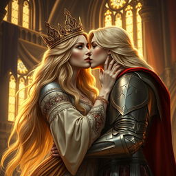 A majestic blonde medieval queen with striking blue eyes passionately kissing a noble woman knight