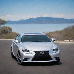 A shiny, sleek, and luxurious Lexus IS 350 in brilliant silver color under a clear blue sky