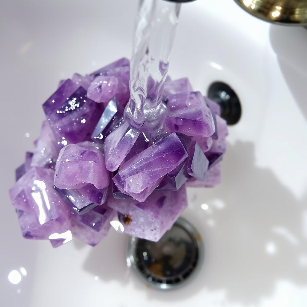 Amethyst crystals being gently washed under a running water tap