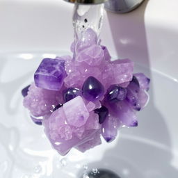 Amethyst crystals being gently washed under a running water tap