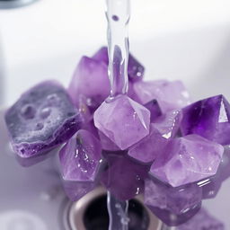 Amethyst crystals being gently washed under a running water tap