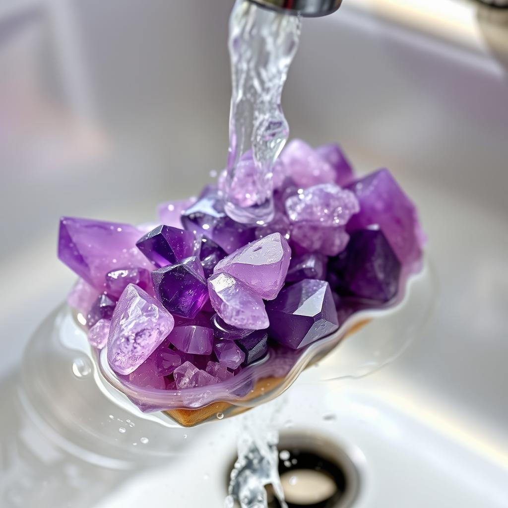 Amethyst crystals being gently washed under a running water tap