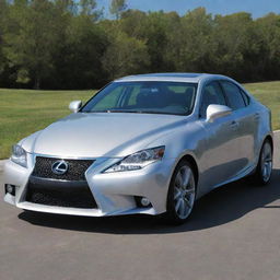 A shiny, sleek, and luxurious Lexus IS 350 in brilliant silver color under a clear blue sky