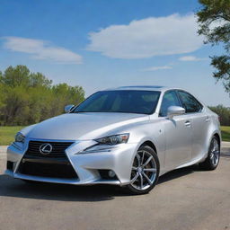 A shiny, sleek, and luxurious Lexus IS 350 in brilliant silver color under a clear blue sky