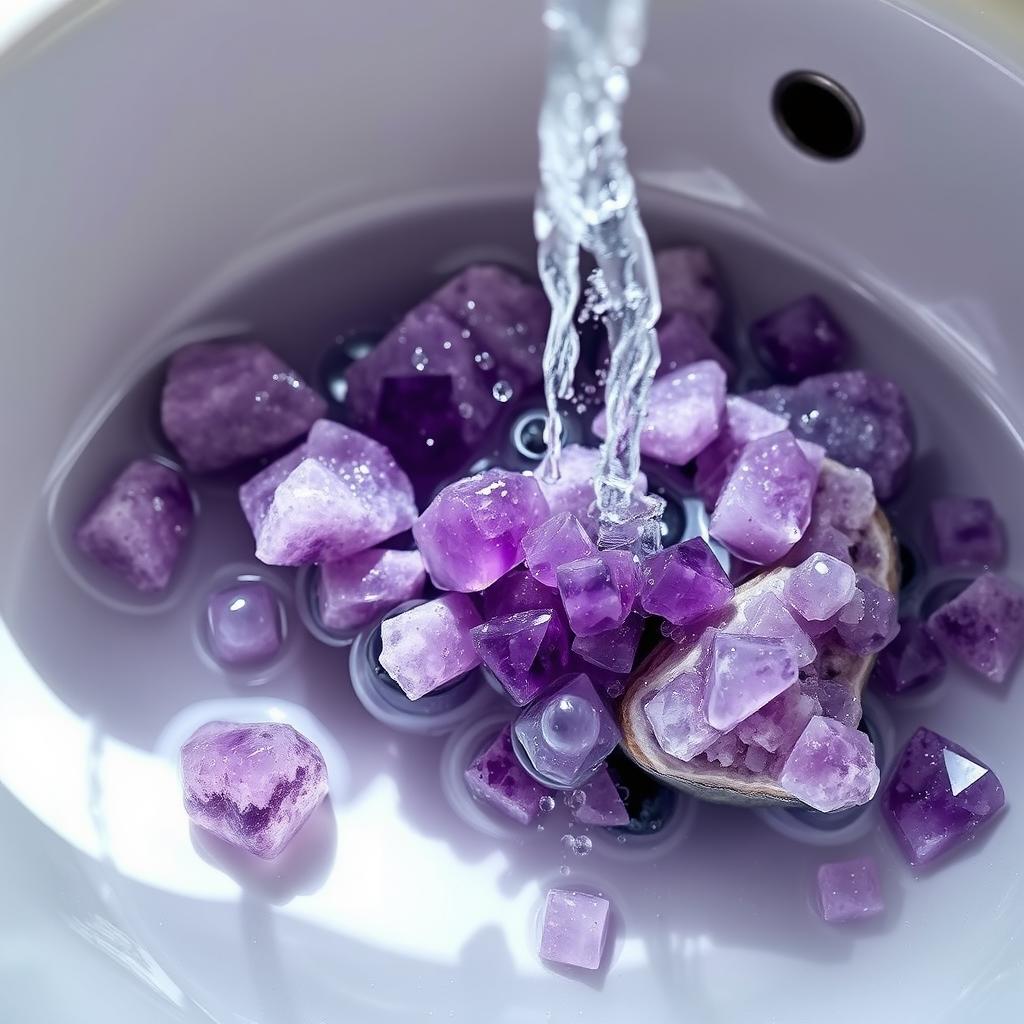 Amethyst crystals being gently washed in a sink under running water