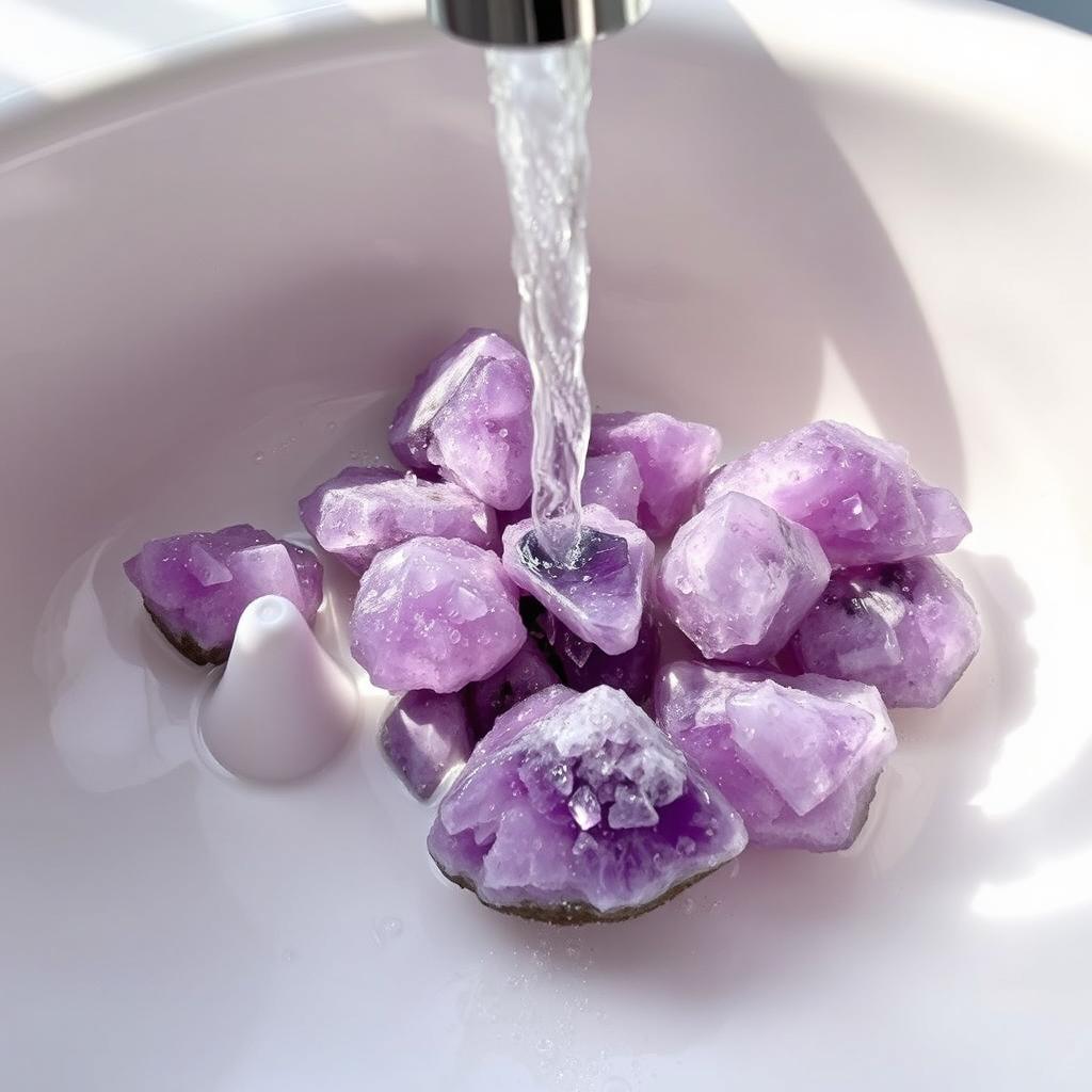 Amethyst crystals being gently washed in a sink under running water