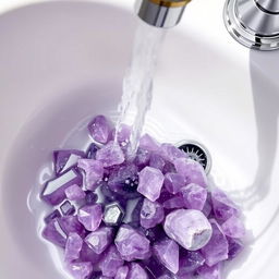 Amethyst crystals being gently washed in a sink under running water