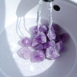 Amethyst crystals being gently washed in a sink under running water