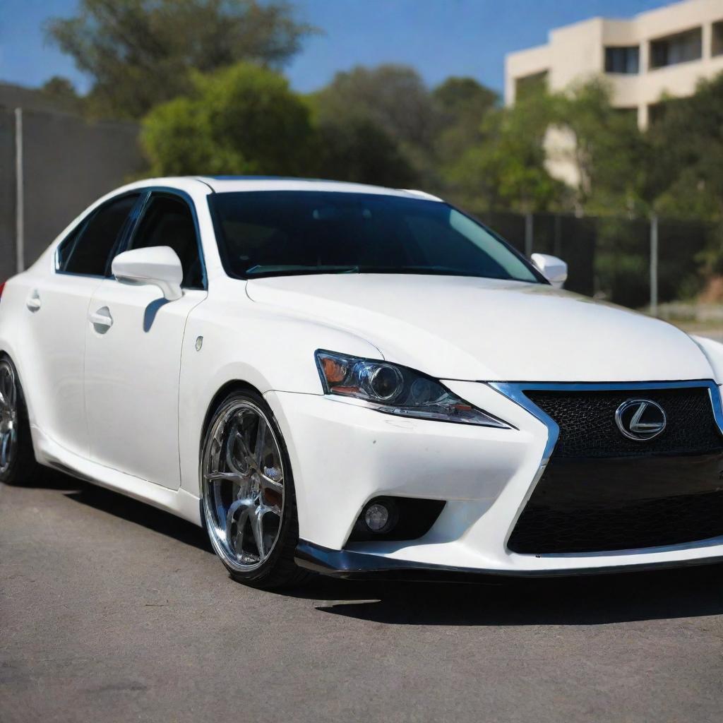 A modified Lexus IS350 sleekly designed, gleaming under harsh sunlight, sporting a set of high-gloss alloy wheels and a custom paint job