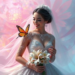 A stunning digital art depiction of a bride in a magnificent wedding dress, surrounded by vibrant, ethereal colors and patterns