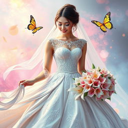 A stunning digital art depiction of a bride in a magnificent wedding dress, surrounded by vibrant, ethereal colors and patterns