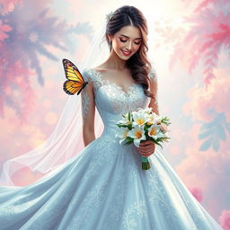 A stunning digital art depiction of a bride in a magnificent wedding dress, surrounded by vibrant, ethereal colors and patterns