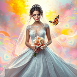 A stunning digital art depiction of a bride in a magnificent wedding dress, surrounded by vibrant, ethereal colors and patterns