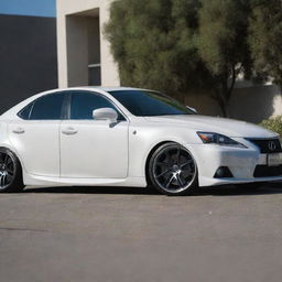 A modified Lexus IS350 sleekly designed, gleaming under harsh sunlight, sporting a set of high-gloss alloy wheels and a custom paint job