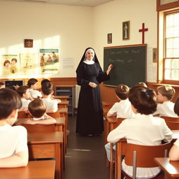 A 1960s Catholic high school classroom featuring Sister Mary Anthony, a young and pretty nun