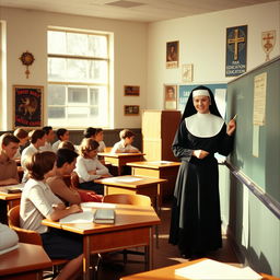 A 1960s Catholic high school classroom featuring Sister Mary Anthony, a young and pretty nun