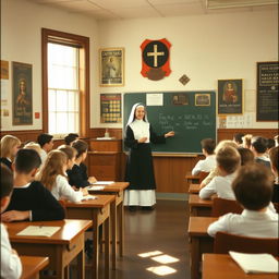 A 1960s Catholic high school classroom featuring Sister Mary Anthony, a young and pretty nun