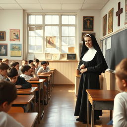 A 1960s Catholic high school classroom featuring Sister Mary Anthony, a young and pretty nun