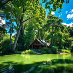 A picturesque scene featuring a charming house nestled among lush, dense forest with a serene lagoon in the foreground