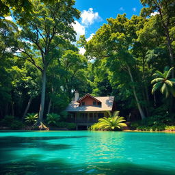 A picturesque scene featuring a charming house nestled among lush, dense forest with a serene lagoon in the foreground