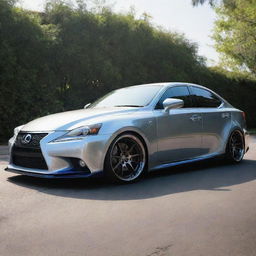 A modified Lexus IS350 sleekly designed, gleaming under harsh sunlight, sporting a set of high-gloss alloy wheels and a custom paint job