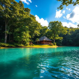 A picturesque scene featuring a charming house nestled among lush, dense forest with a serene lagoon in the foreground