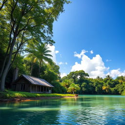 A picturesque scene featuring a charming house nestled among lush, dense forest with a serene lagoon in the foreground