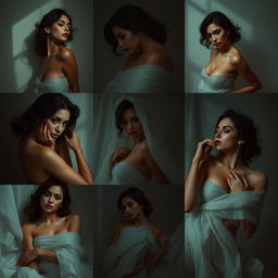 a series of sensual and artistic poses of women with captivating expressions and intriguing compositions, each surrounded by elegant drapery and subtle silhouettes to create allure and sophistication, focusing on soft lighting and gentle shadows to emphasize skin texture and natural beauty